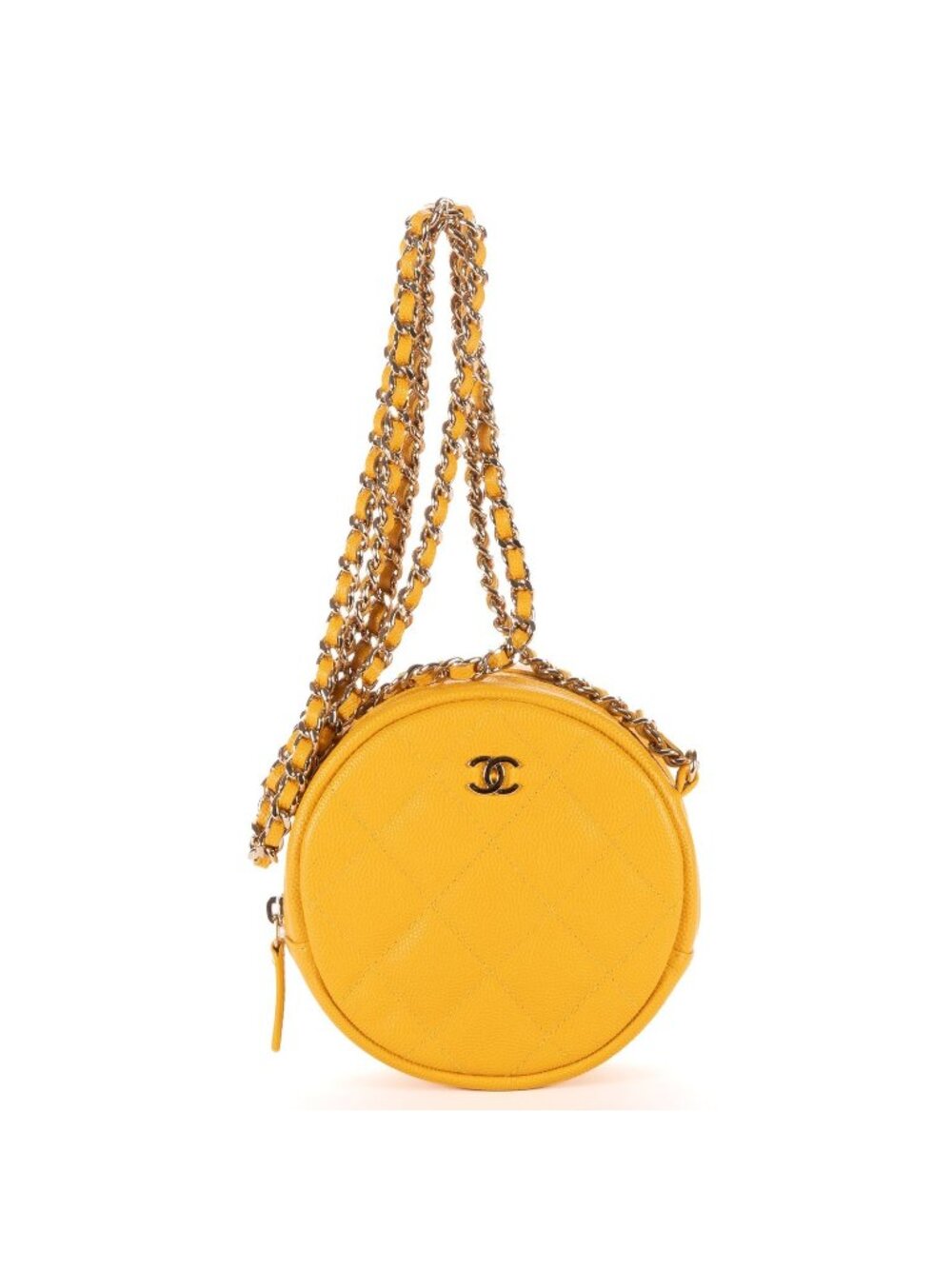 Chanel 19 Round Clutch Chain Shoulder Bag Yellow Caviar Quilted Lambskin